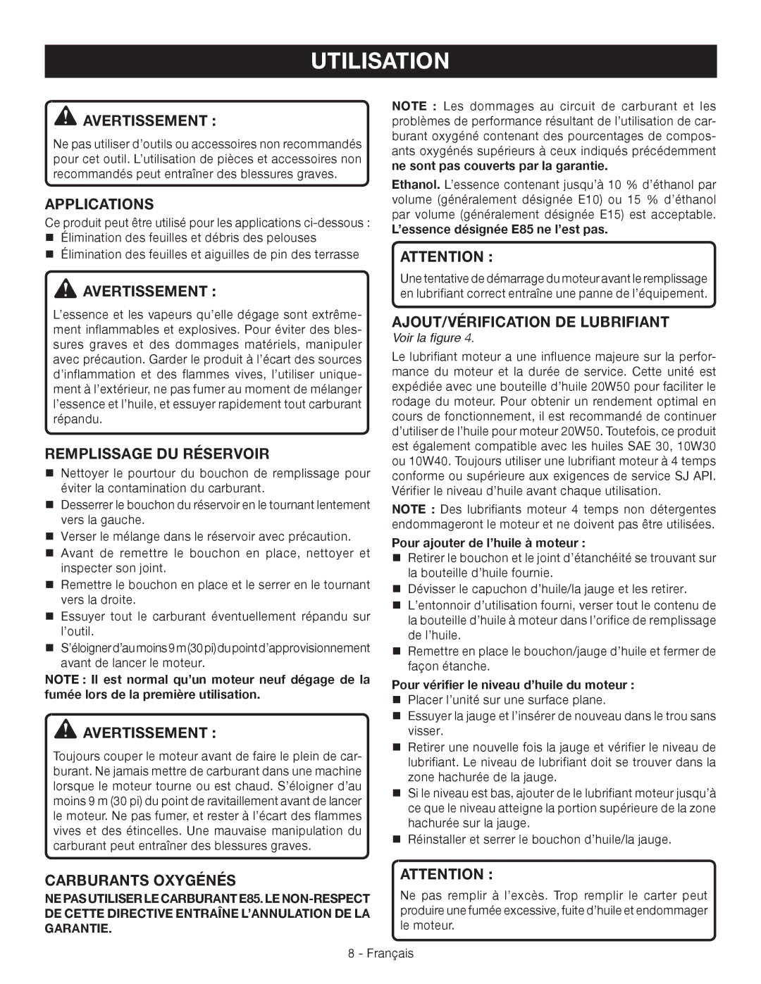 Ryobi RY09460 Avertissement , Remplissage DU Réservoir, AJOUT/VÉRIFICATION DE Lubrifiant, Carburants Oxygénés 